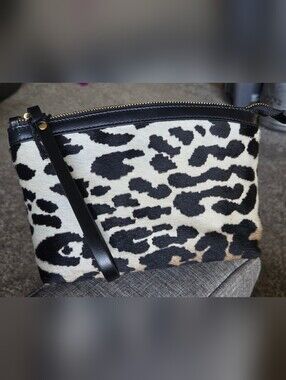 Calvacanti Italian Leather Wristlet Clutch Black Tan Animal Print Made in Italy